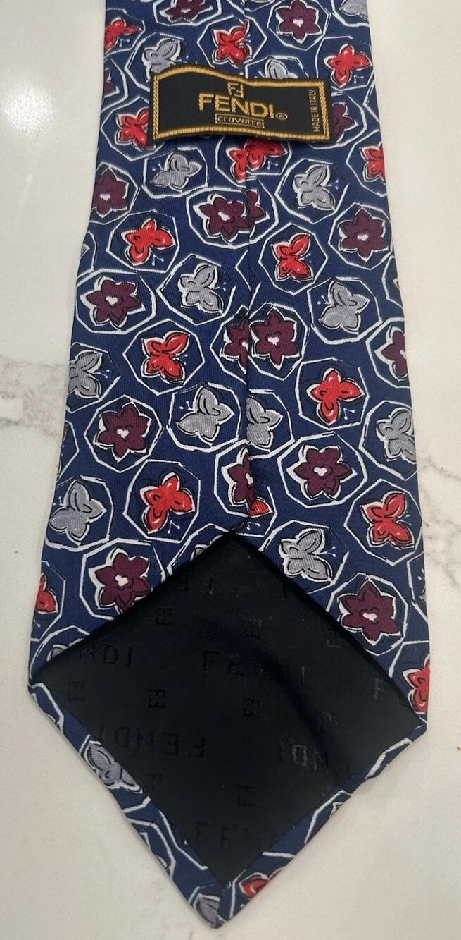FENDI Italian Men’s Tie 3.5” Silk Navy Floral Geometric Hand Sewn Designer